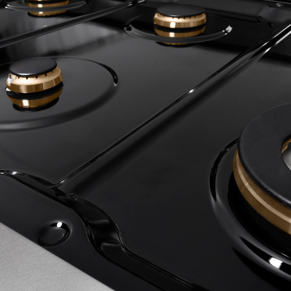 ZLINE Autograph Edition 48 in. Paramount Gas Rangetop with 8 Burners and Porcelain Cooktop in Satin Stainless Steel with Matte Black Accents (SRTSZ-48-MB) porcelain cooktop with no grates.