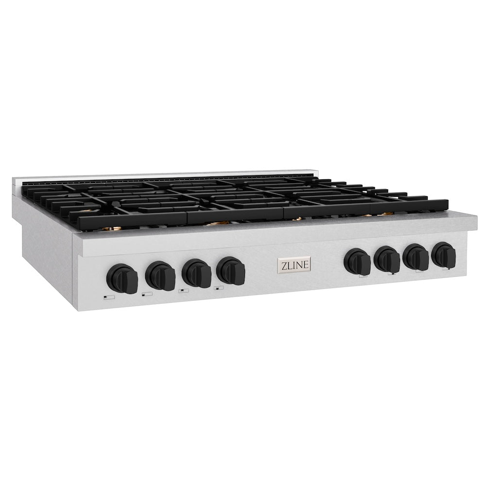 ZLINE Autograph Edition 48 in. Paramount Gas Rangetop with 8 Burners and Porcelain Cooktop in Satin Stainless Steel with Matte Black Accents (SRTSZ-48-MB) main image.