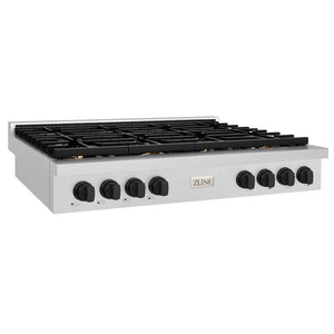 ZLINE Autograph Edition 48 in. Paramount Gas Rangetop with 8 Burners and Porcelain Cooktop in Satin Stainless Steel with Matte Black Accents (SRTSZ-48-MB) main image.
