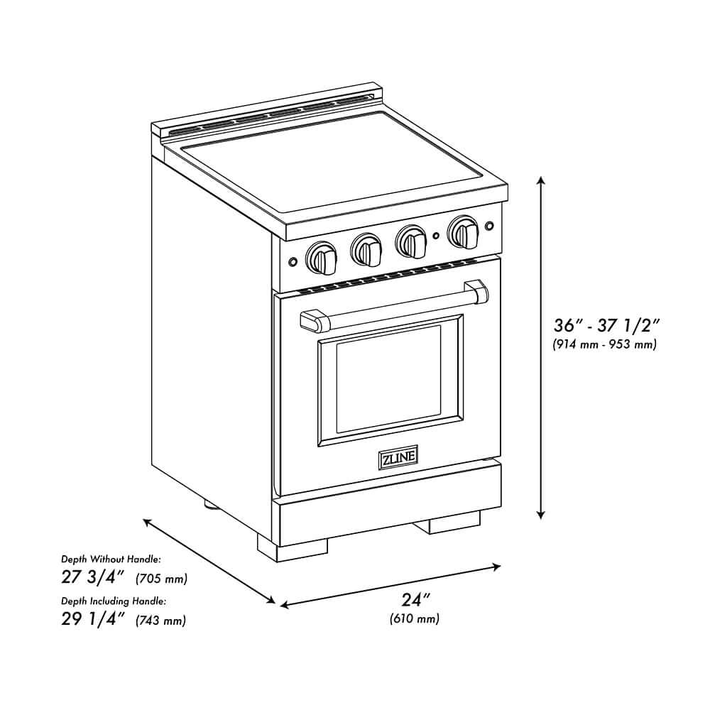 ZLINE Autograph Edition 24 in. 3.2 cu. ft. Paramount Induction Range with 3 Element Cooktop and Electric Convection Oven in Satin Stainless Steel with Champagne Bronze Accents (SINRSZ-24-CB) dimensional diagram.