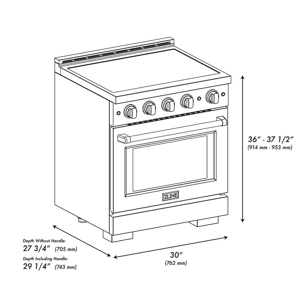 ZLINE 30 in. 4.2 cu. ft. Paramount Induction Range with 4 Element Cooktop and Electric Convection Oven in Satin Stainless Steel with White Matte Door (SINRS-WM-30) dimensional diagram.