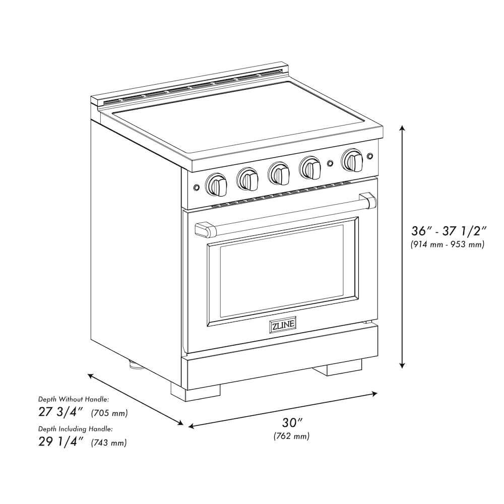 ZLINE 30 in. 4.2 cu. ft. Paramount Induction Range with 4 Element Cooktop and Electric Convection Oven in Stainless Steel (SINR30) dimensional diagram.