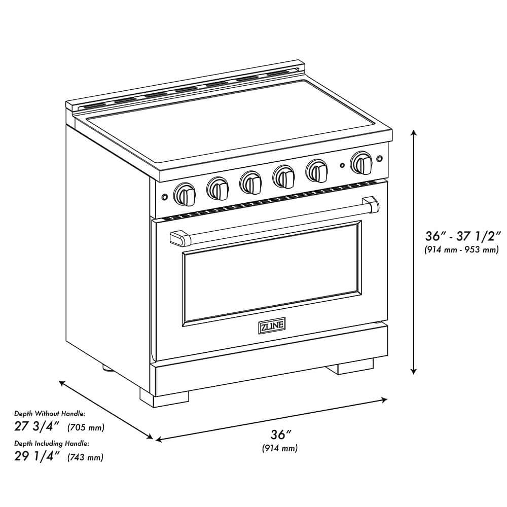 ZLINE 36 in. 5.2 cu. ft. Paramount Induction Range with 5 Element Cooktop and Electric Convection Oven in Satin Stainless Steel with White Matte Door (SINRS-WM-36) dimensional diagram.