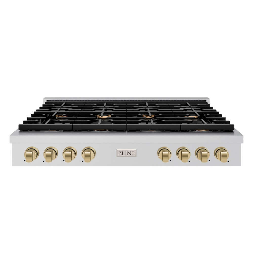 ZLINE 48 in. Autograph Edition Paramount Gas Rangetop with 8 Burners and Porcelain Cooktop in Stainless Steel with Champagne Bronze Accents (SRTZ-48-CB) front.