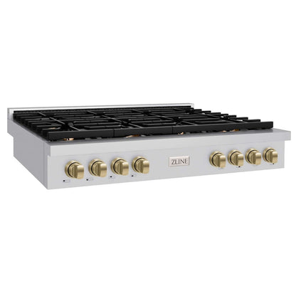 ZLINE 48 in. Autograph Edition Paramount Gas Rangetop with 8 Burners and Porcelain Cooktop in Stainless Steel with Champagne Bronze Accents (SRTZ-48-CB) side.