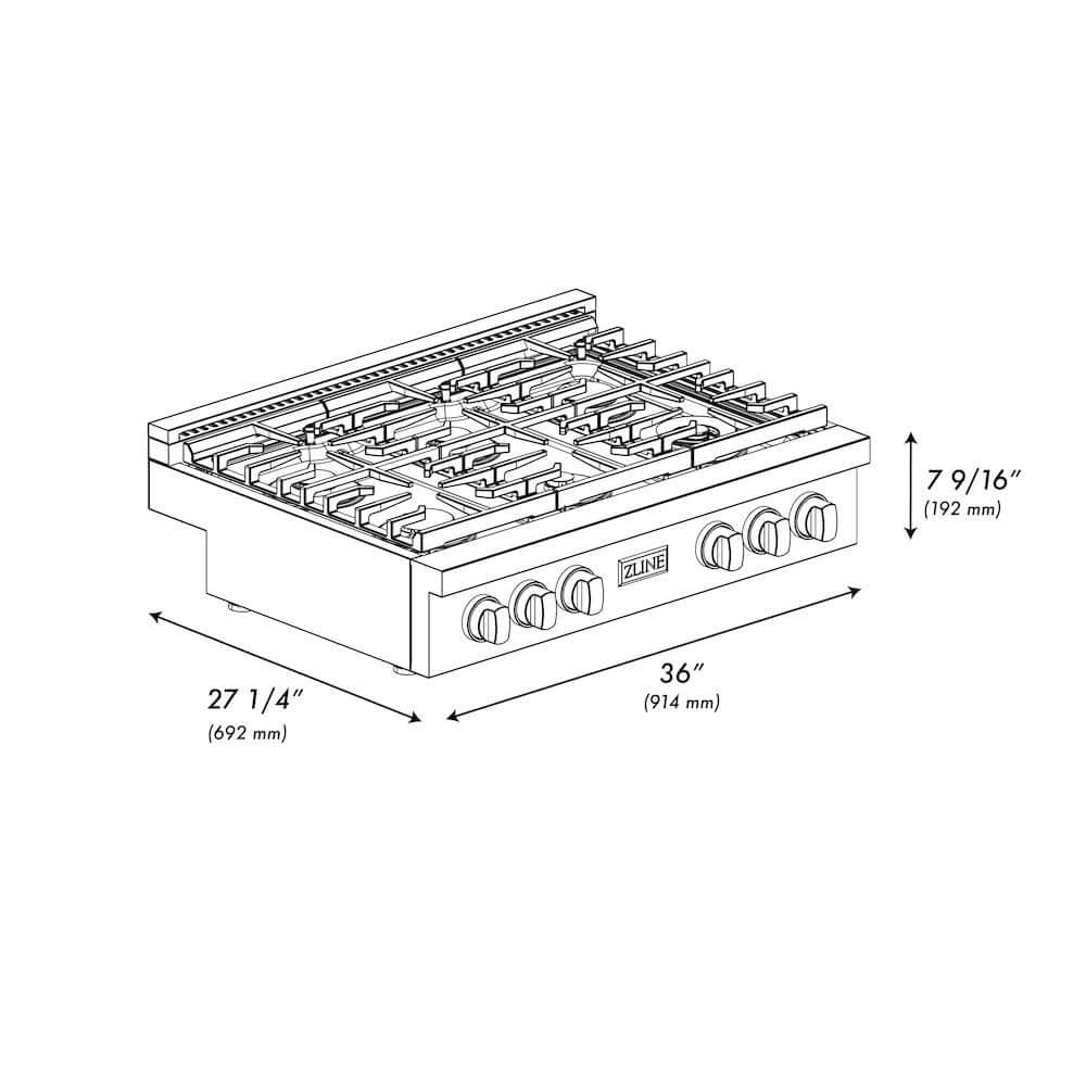 ZLINE 36 in. Paramount Gas Rangetop with 6 Brass Burners and Porcelain Cooktop in Stainless Steel (SRT-BR-36) dimensional diagram.