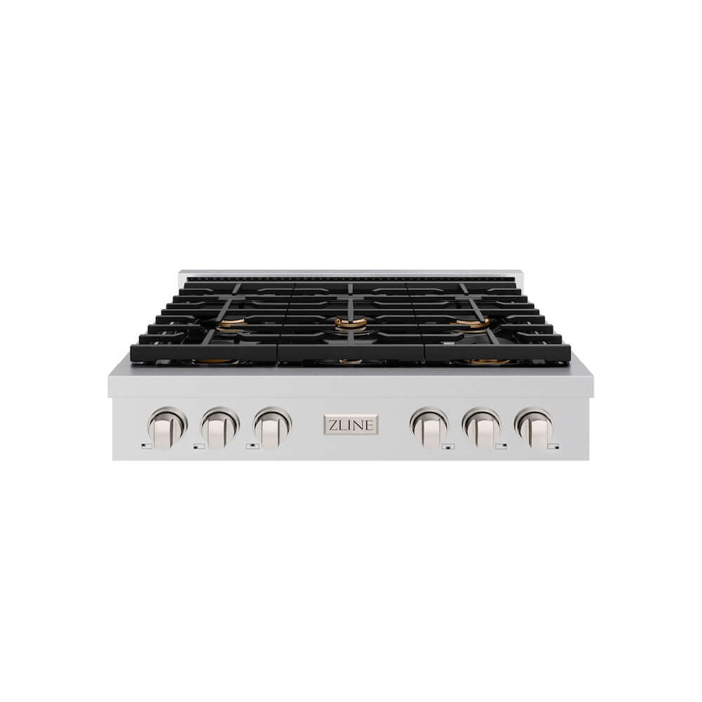 ZLINE 36 in. Paramount Gas Rangetop with 6 Brass Burners and Porcelain Cooktop in Stainless Steel (SRT-BR-36) front.