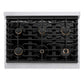 ZLINE 36 in. Paramount Gas Rangetop with 6 Brass Burners and Porcelain Cooktop in Stainless Steel (SRT-BR-36) from above, showing cooking surface.