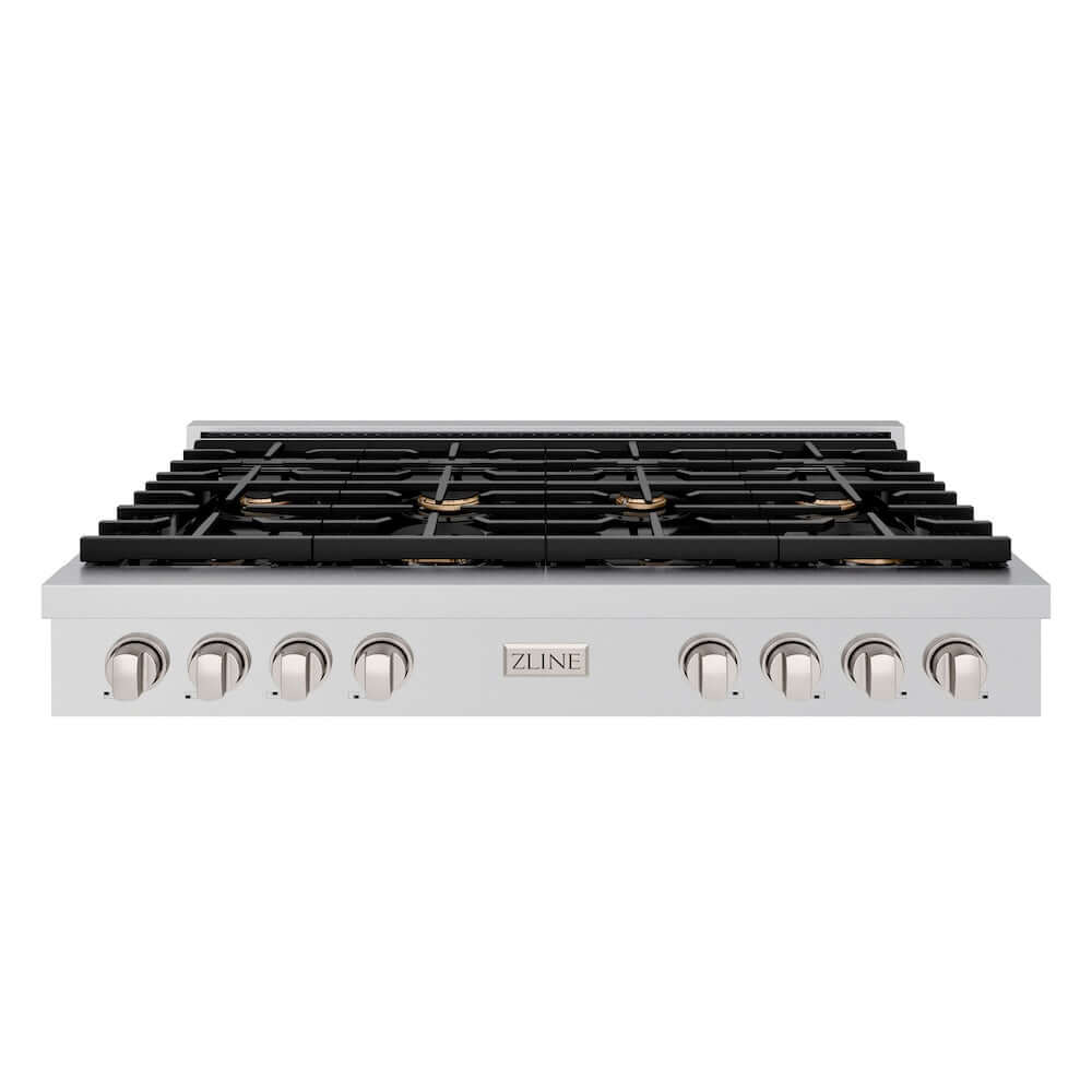 ZLINE 48 in. Paramount Gas Rangetop with 8 Brass Burners and Porcelain Cooktop in Stainless Steel (SRT-BR-48) front.