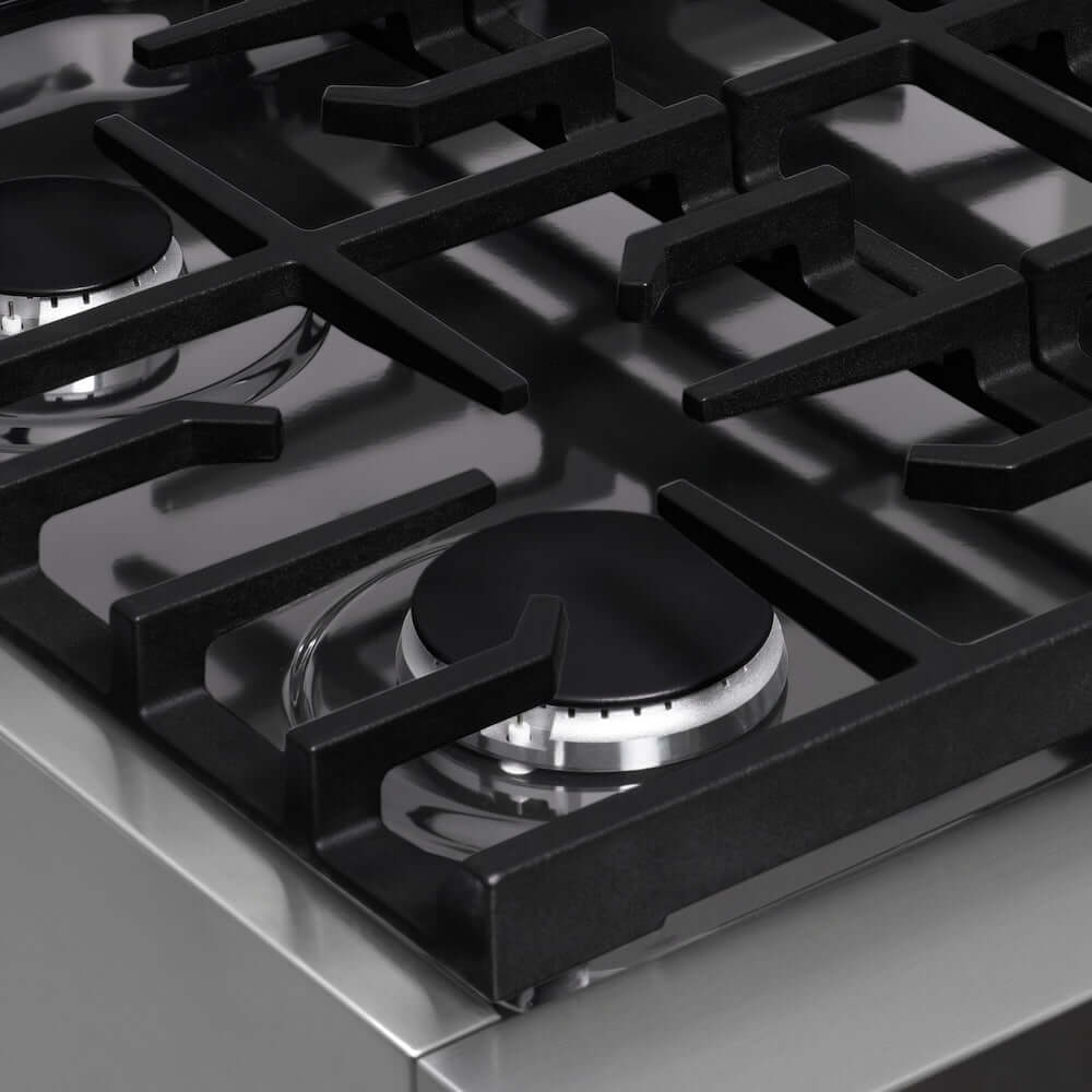 ZLINE 30 in. Paramount Gas Rangetop with 4 Burners and Porcelain Cooktop in Stainless Steel (SRT30) close-up detail, cast iron grates.