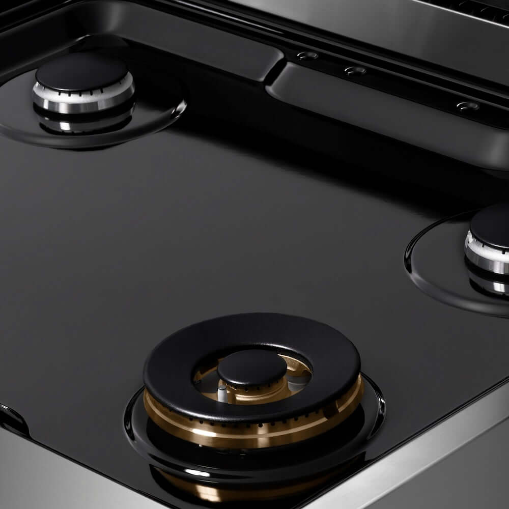 ZLINE 30 in. Paramount Gas Rangetop with 4 Burners and Porcelain Cooktop in Stainless Steel (SRT30) close-up detail, black porcelain cooktop without grates.