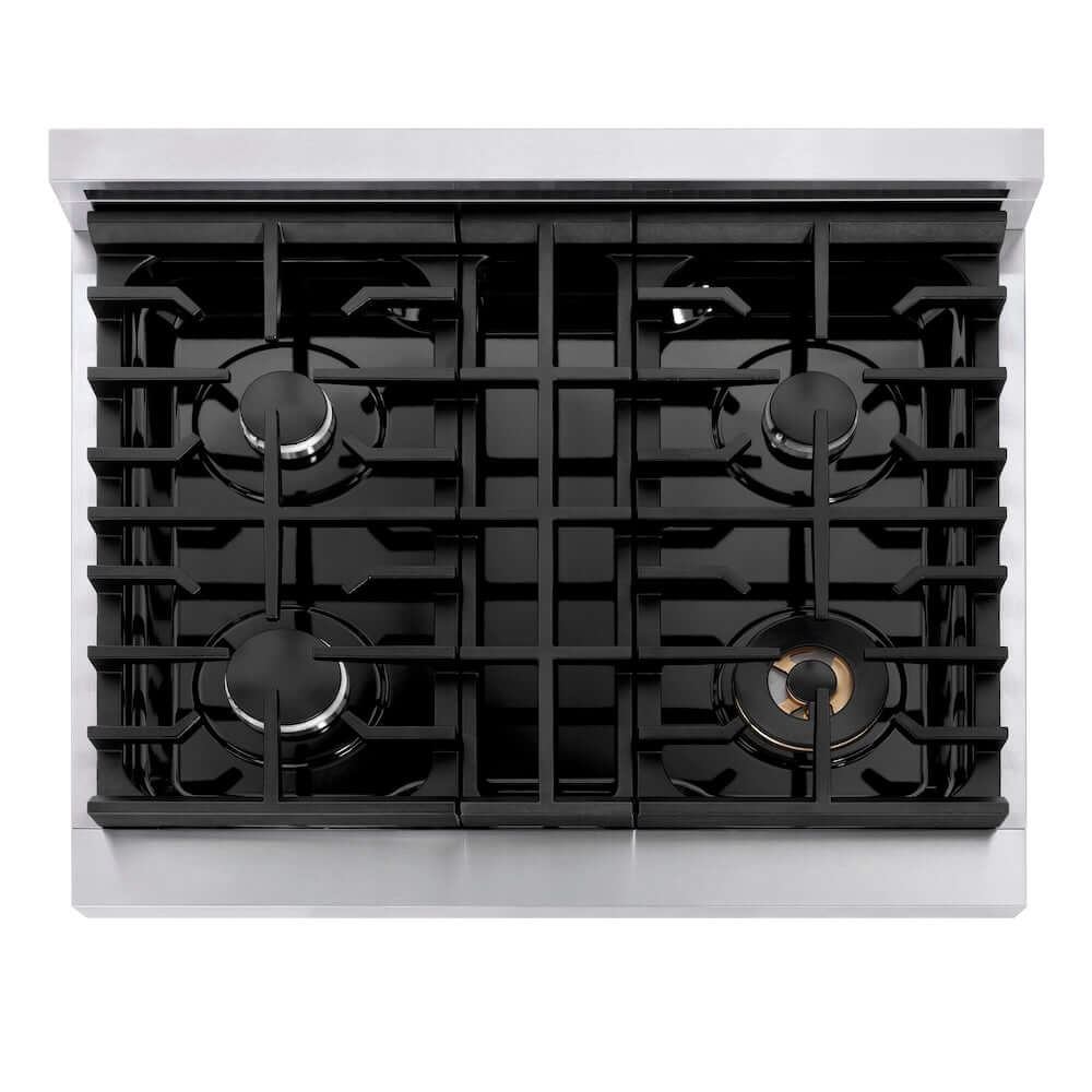 ZLINE 30 in. Paramount Gas Rangetop with 4 Burners and Porcelain Cooktop in Stainless Steel (SRT30) from above, showing cooking surface.