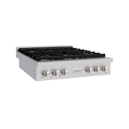ZLINE 36 in. Paramount Gas Rangetop with 6 Burners and Porcelain Cooktop in Stainless Steel (SRT36) side.