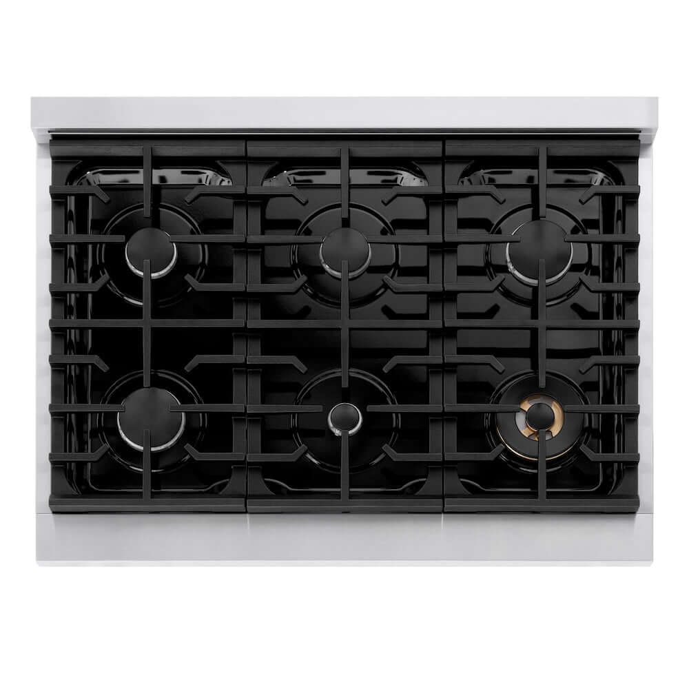 ZLINE 36 in. Paramount Gas Rangetop with 6 Burners and Porcelain Cooktop in Stainless Steel (SRT36) from above, showing cooking surface.