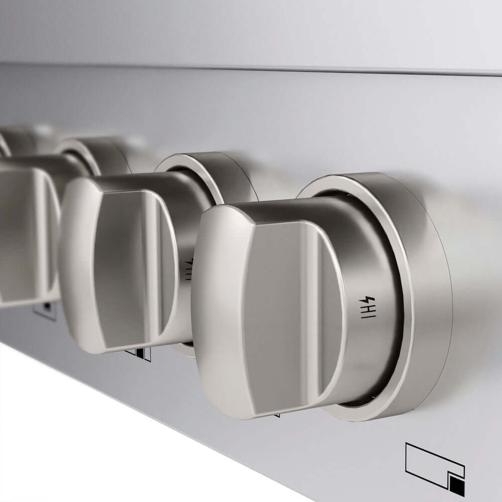 ZLINE 48 in. Paramount Gas Rangetop with 8 Burners and Porcelain Cooktop in Stainless Steel (SRT48) close-up detail, knobs.