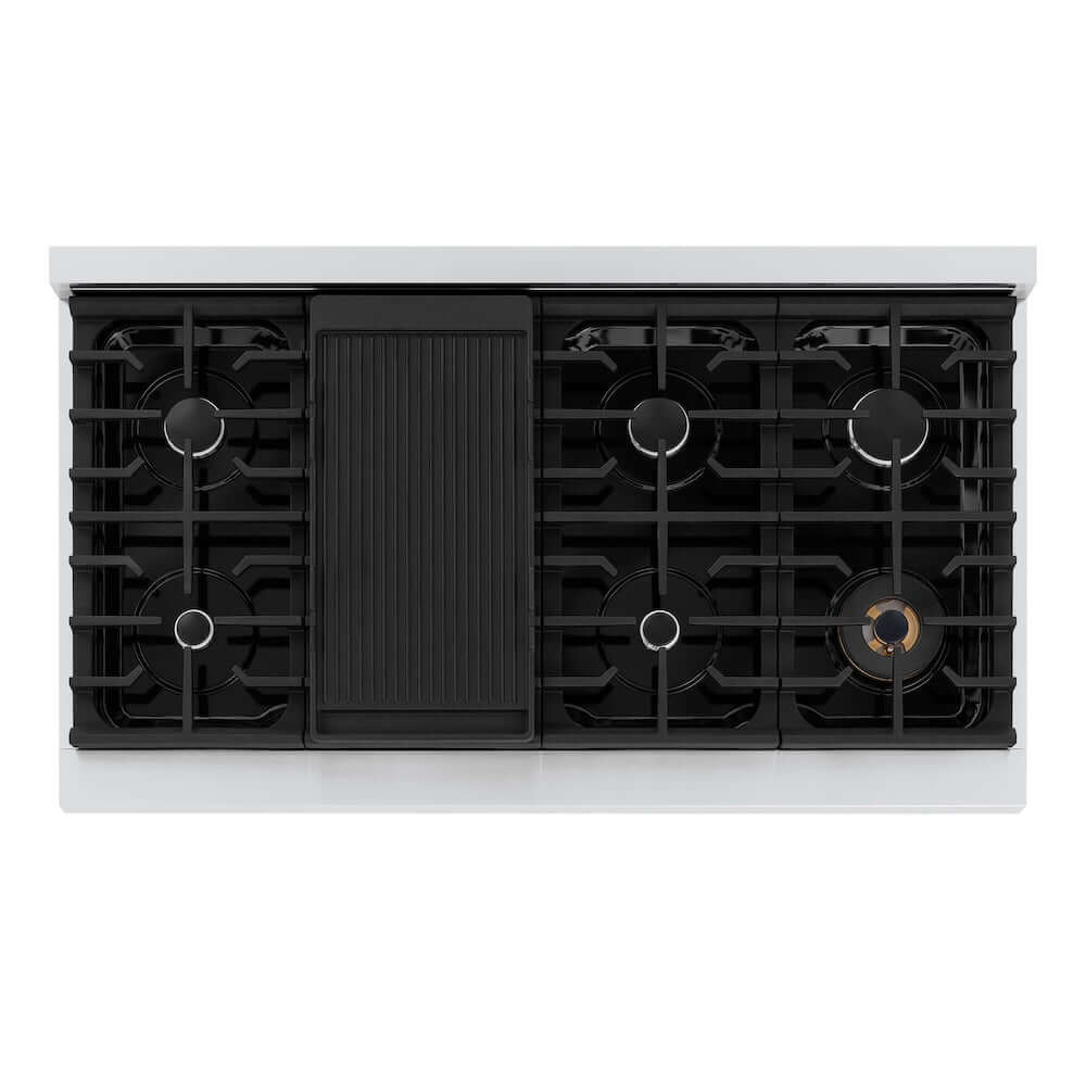 ZLINE 48 in. Paramount Gas Rangetop with 8 Burners and Porcelain Cooktop in Stainless Steel (SRT48) from above, showing cooking surface.