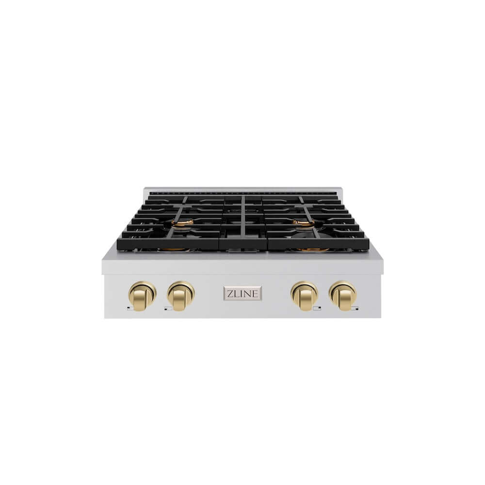 ZLINE 30 in. Autograph Edition Paramount Gas Rangetop with 4 Burners and Porcelain Cooktop in Stainless Steel with Champagne Bronze Accents (SRTZ-30-CB) front.