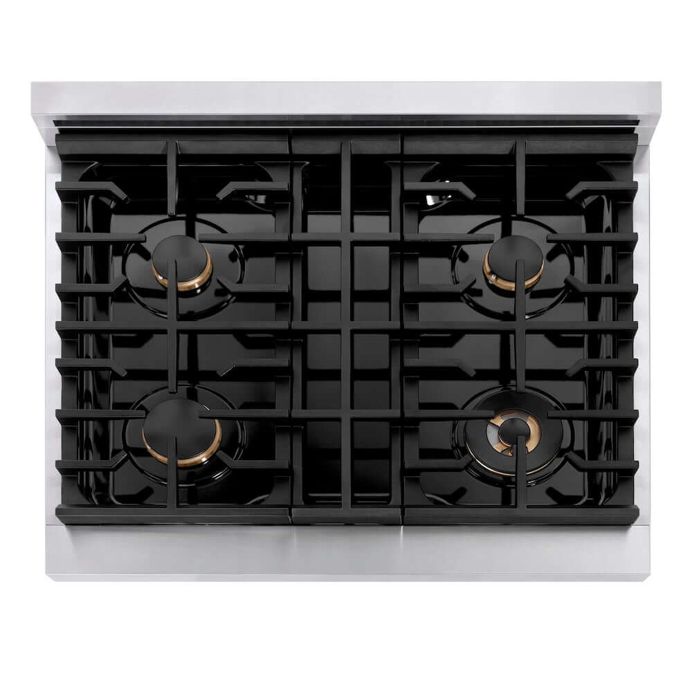 ZLINE 30 in. Autograph Edition Paramount Gas Rangetop with 4 Burners and Porcelain Cooktop in Stainless Steel with Champagne Bronze Accents (SRTZ-30-CB) top-down, above cooktop.