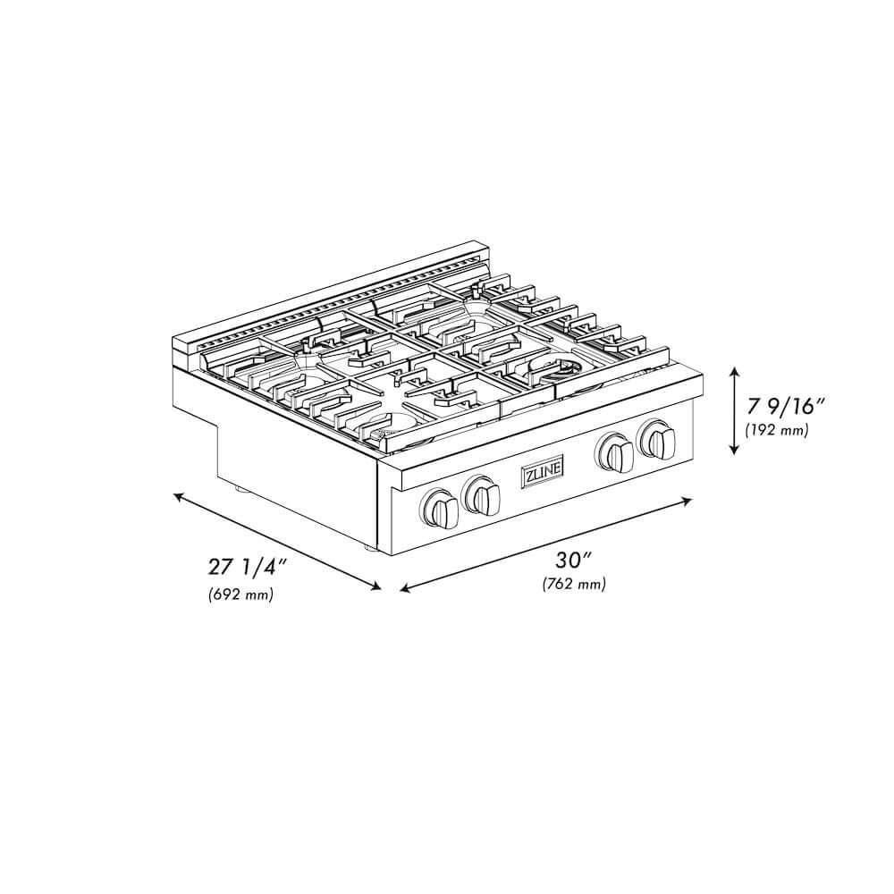 ZLINE 30 in. Autograph Edition Paramount Gas Rangetop with 4 Burners and Porcelain Cooktop in Stainless Steel with Polished Gold Accents (SRTZ-30-G) dimensional diagram.