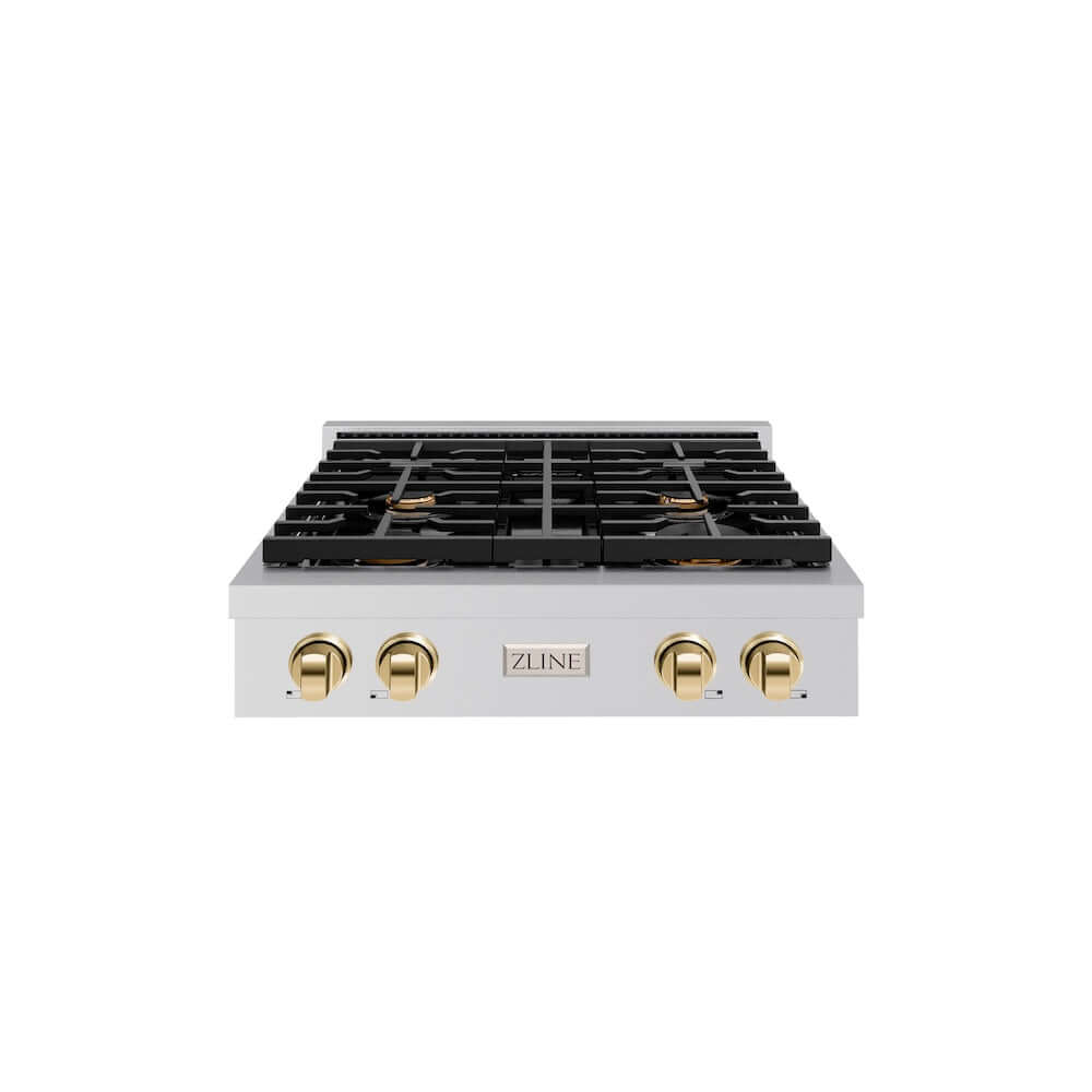 ZLINE 30 in. Autograph Edition Paramount Gas Rangetop with 4 Burners and Porcelain Cooktop in Stainless Steel with Polished Gold Accents (SRTZ-30-G) front.