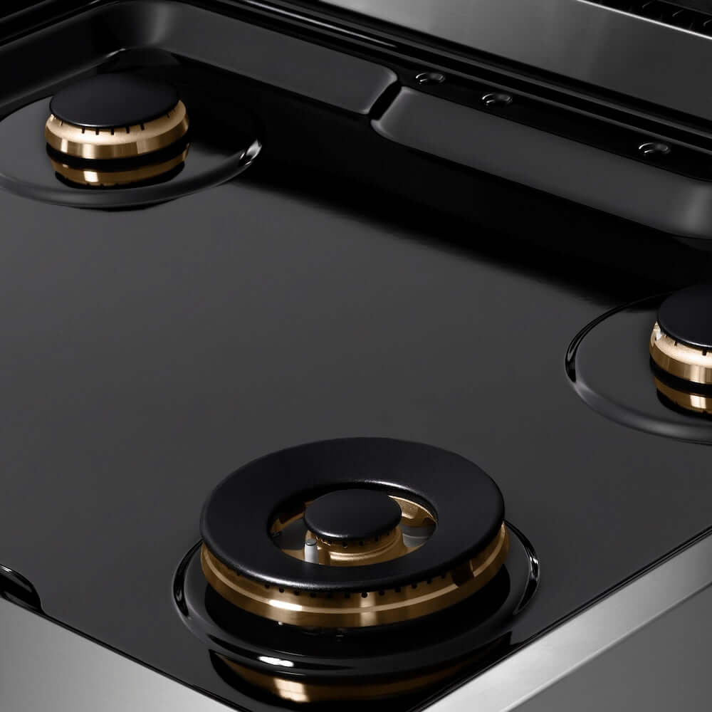 ZLINE 30 in. Autograph Edition Paramount Gas Rangetop with 4 Burners and Porcelain Cooktop in Stainless Steel with Polished Gold Accents (SRTZ-30-G) close-up detail, black porcelain cooktop without grates.