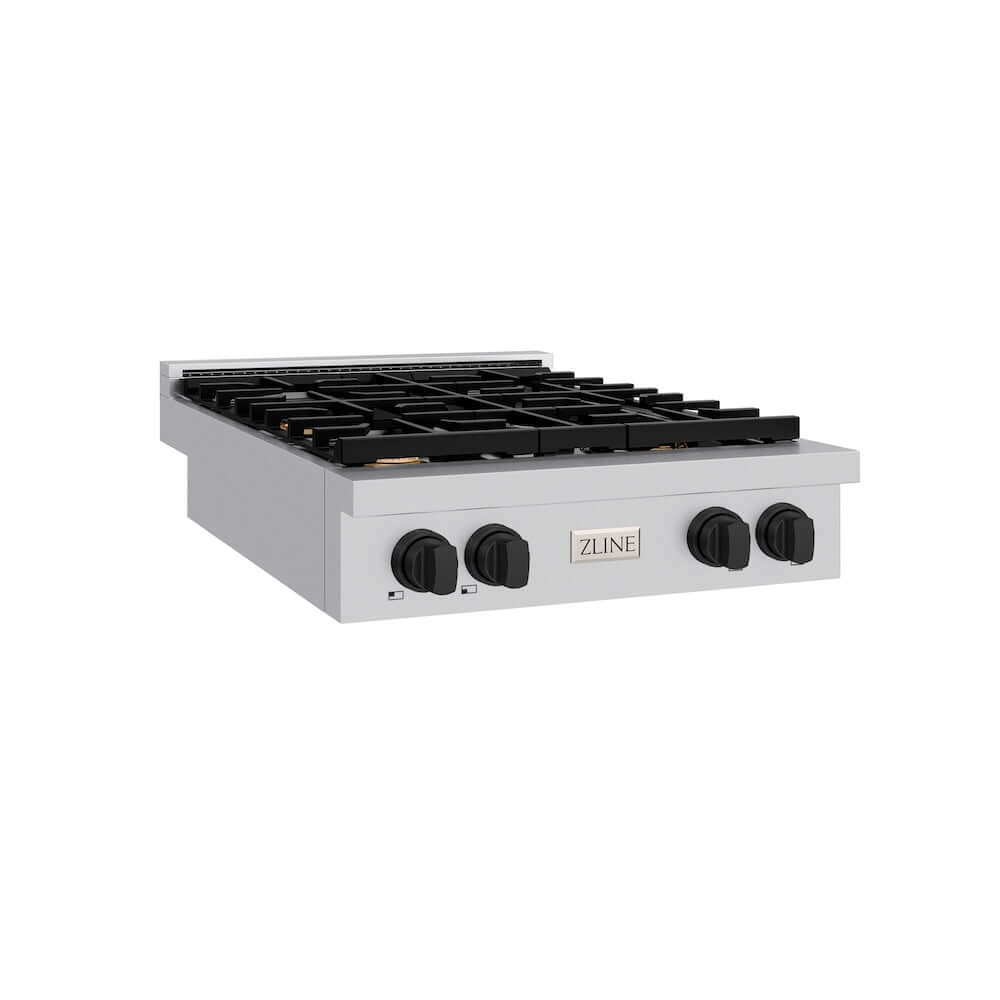 ZLINE Autograph Edition 30 in. Paramount Gas Rangetop with 4 Burners and Porcelain Cooktop in Stainless Steel with Matte Black Accents (SRTZ-30-MB) main image.