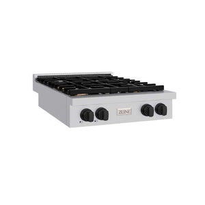 ZLINE Autograph Edition 30 in. Paramount Gas Rangetop with 4 Burners and Porcelain Cooktop in Stainless Steel with Matte Black Accents (SRTZ-30-MB) main image.