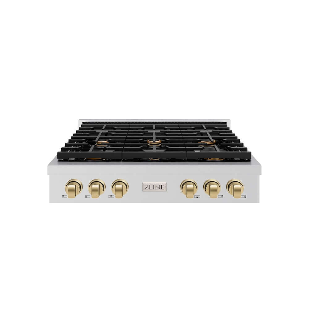 ZLINE 36 in. Autograph Edition Paramount Gas Rangetop with 6 Burners and Porcelain Cooktop in Stainless Steel with Champagne Bronze Accents (SRTZ-36-CB) front.