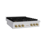 ZLINE 36 in. Autograph Edition Paramount Gas Rangetop with 6 Burners and Porcelain Cooktop in Stainless Steel with Champagne Bronze Accents (SRTZ-36-CB) side.