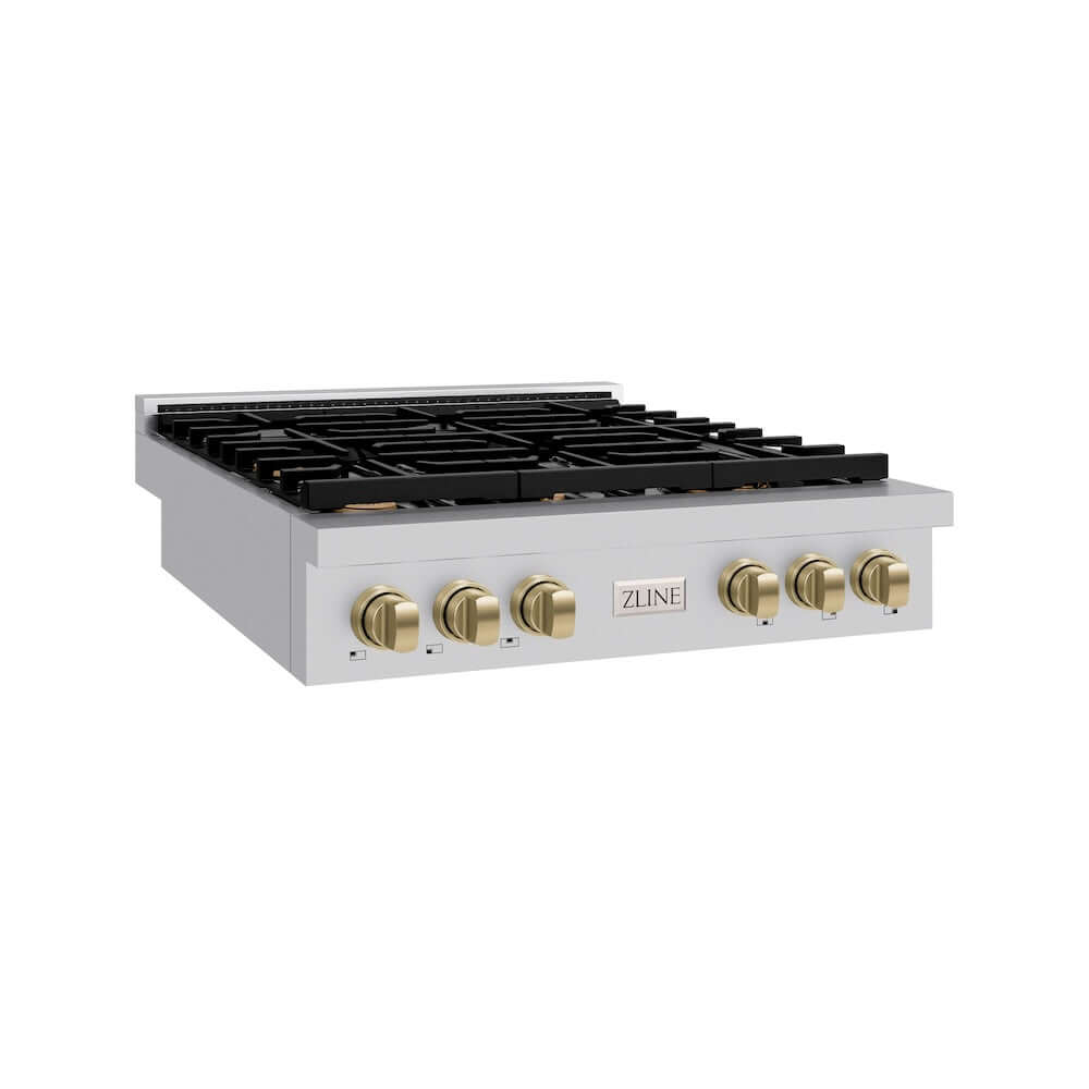 ZLINE 36 in. Autograph Edition Paramount Gas Rangetop with 6 Burners and Porcelain Cooktop in Stainless Steel with Champagne Bronze Accents (SRTZ-36-CB) side.
