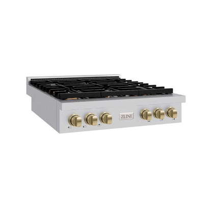 ZLINE 36 in. Autograph Edition Paramount Gas Rangetop with 6 Burners and Porcelain Cooktop in Stainless Steel with Champagne Bronze Accents (SRTZ-36-CB) side.