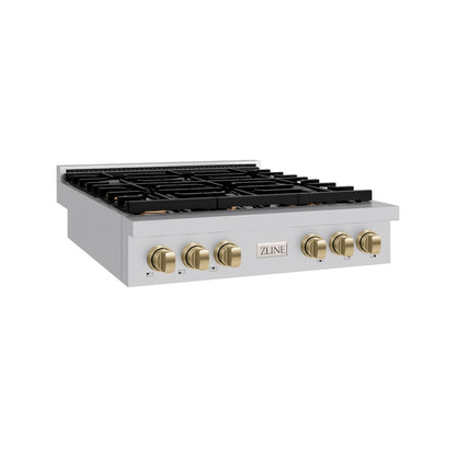 ZLINE Autograph Edition 36 in. Paramount Gas Rangetop with 6 Burners and Porcelain Cooktop in Stainless Steel with Champagne Bronze Accents, Open Box-Good Condition