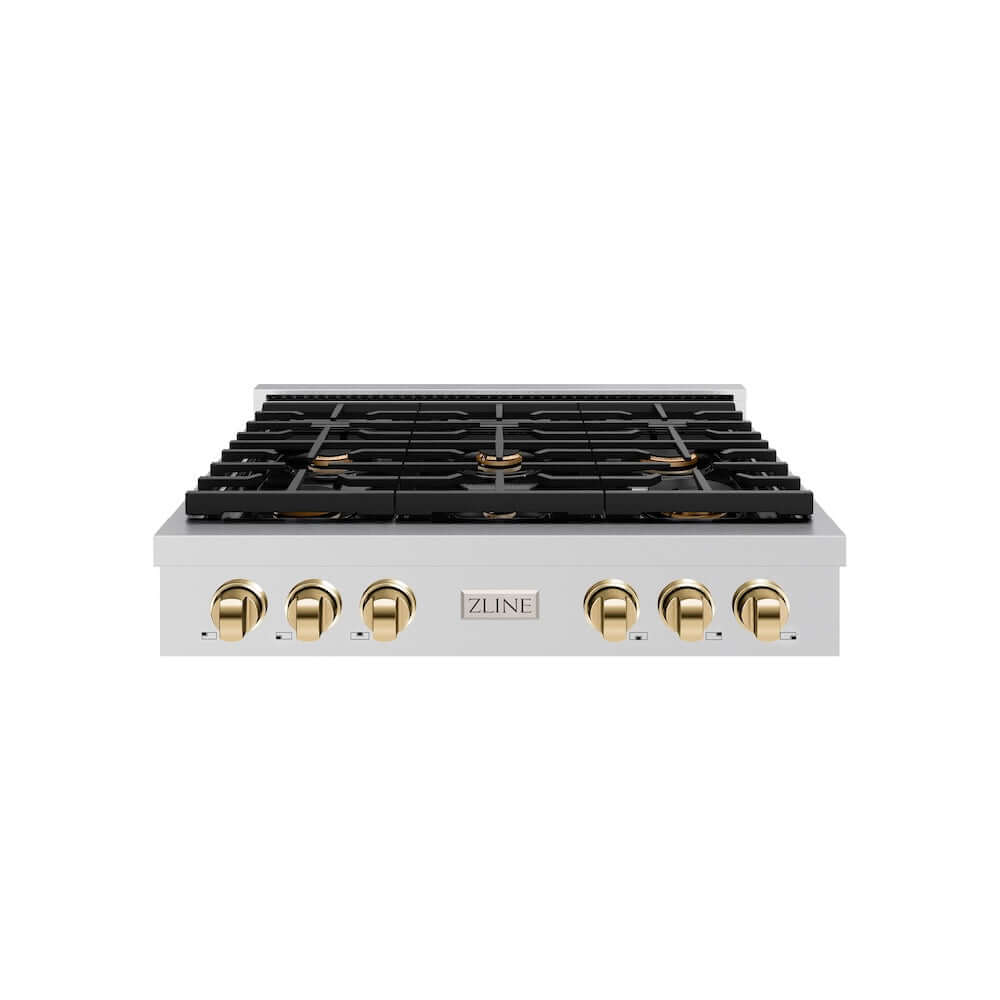 ZLINE 36 in. Autograph Edition Paramount Gas Rangetop with 6 Burners and Porcelain Cooktop in Stainless Steel with Polished Gold Accents (SRTZ-36-G) front.