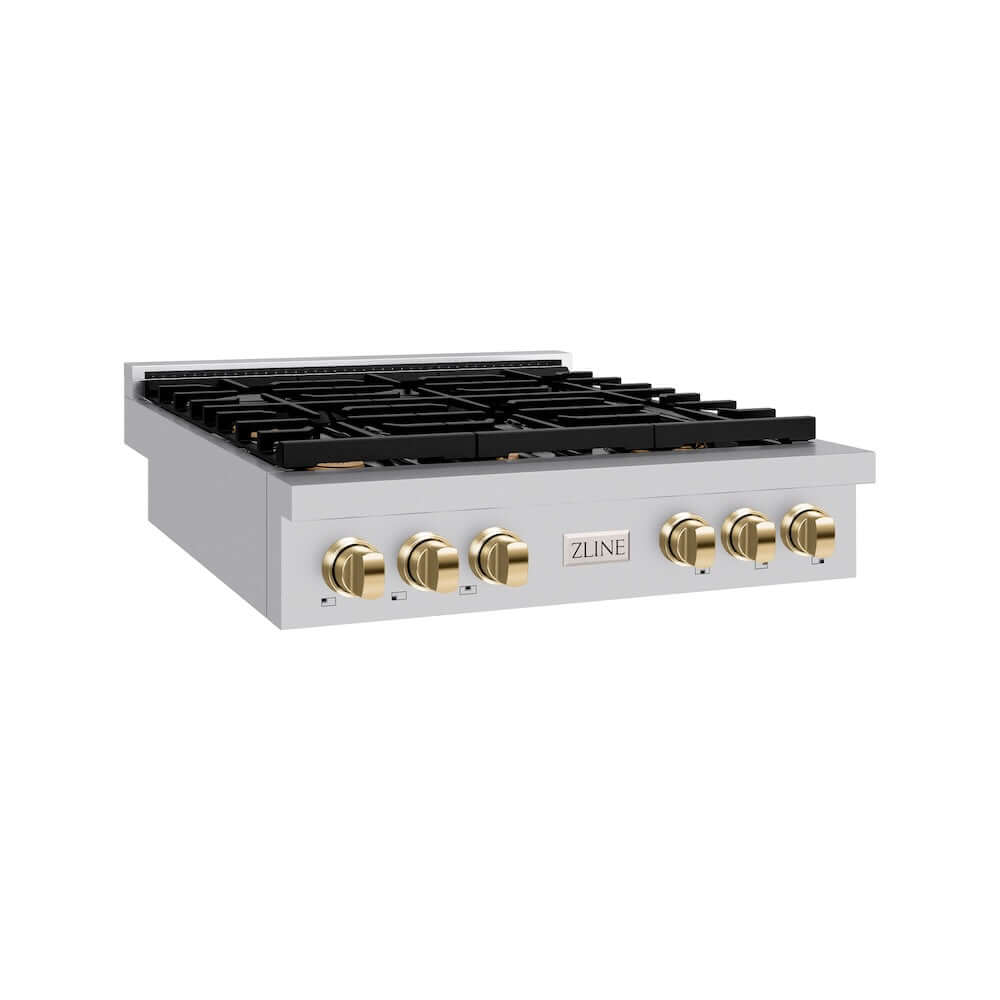 ZLINE Autograph Edition 36 in. Paramount Gas Rangetop with 6 Burners and Porcelain Cooktop in Stainless Steel with Polished Gold Accents, Open Box-Good Condition