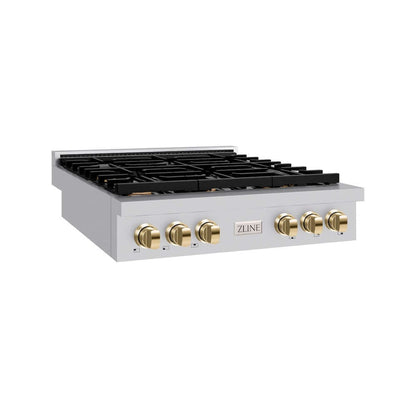 ZLINE Autograph Edition 36 in. Paramount Gas Rangetop with 6 Burners and Porcelain Cooktop in Stainless Steel with Polished Gold Accents, Open Box-Good Condition