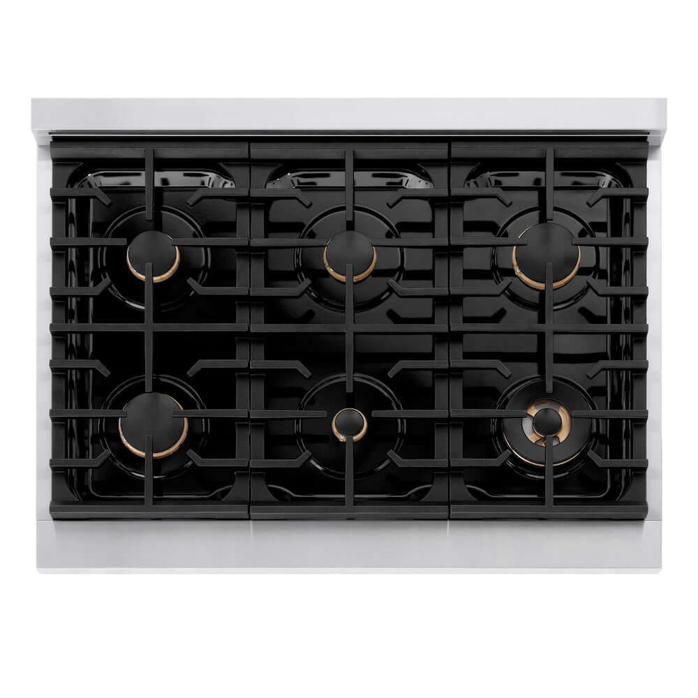 ZLINE 36 in. Autograph Edition Paramount Gas Rangetop with 6 Burners and Porcelain Cooktop in Stainless Steel with Polished Gold Accents (SRTZ-36-G) from above, showing cooking surface.