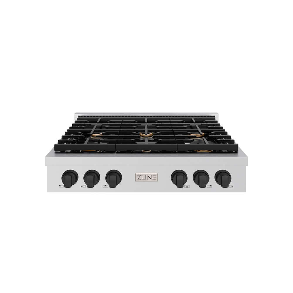 ZLINE 36 in. Autograph Edition Paramount Gas Rangetop with 6 Burners and Porcelain Cooktop in Stainless Steel with Matte Black Accents (SRTZ-36-MB) front.