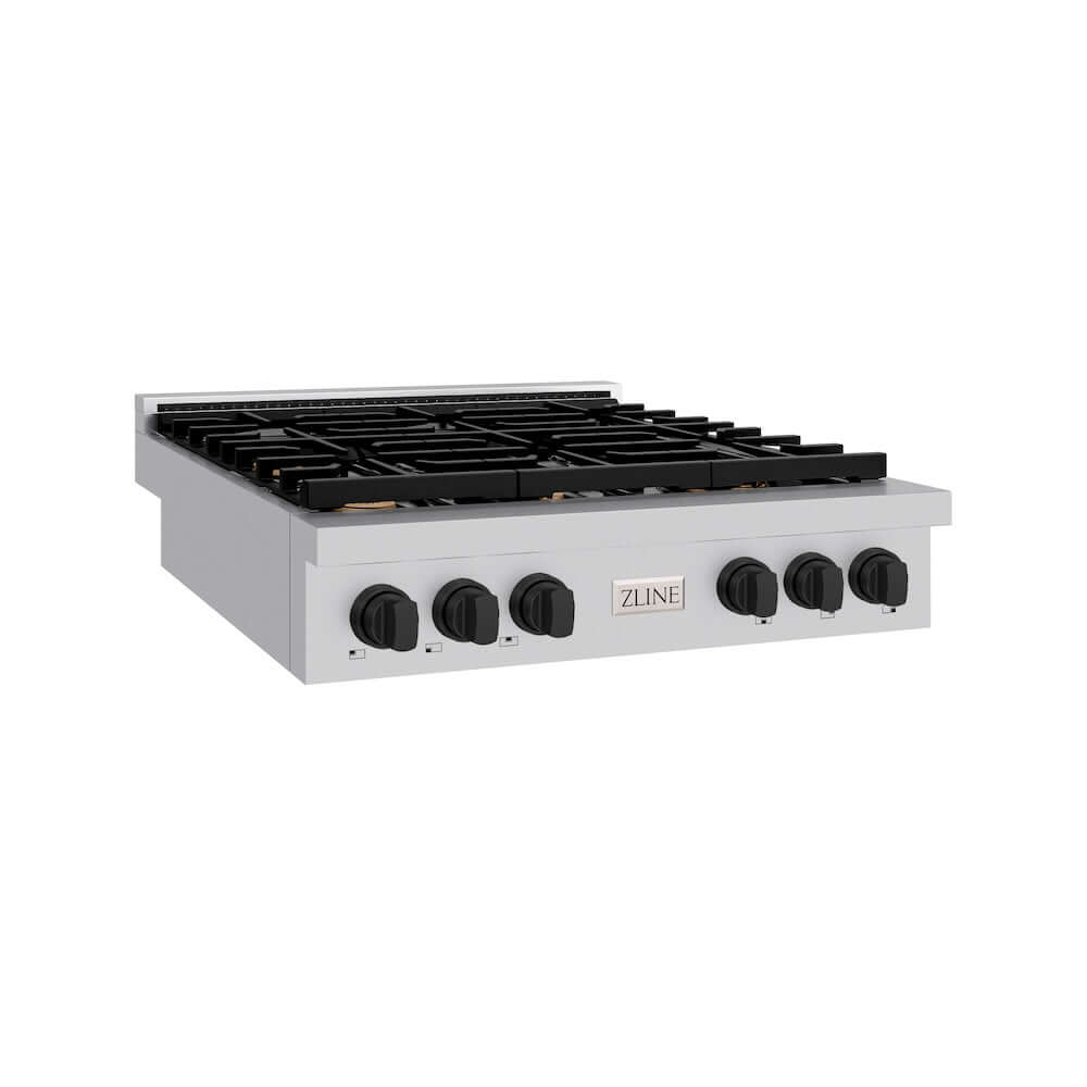 ZLINE 36 in. Autograph Edition Paramount Gas Rangetop with 6 Burners and Porcelain Cooktop in Stainless Steel with Matte Black Accents (SRTZ-36-MB) side.