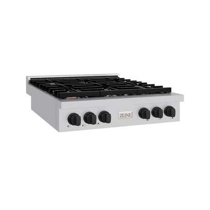 ZLINE Autograph Edition 36 in. Paramount Gas Rangetop with 6 Burners and Porcelain Cooktop in Stainless Steel with Matte Black Accents, Open Box-Good Condition