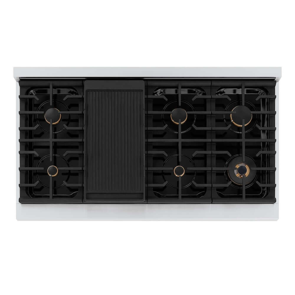 ZLINE 48 in. Autograph Edition Paramount Gas Rangetop with 8 Burners and Porcelain Cooktop in Stainless Steel with Champagne Bronze Accents (SRTZ-48-CB) top-down, above cooktop.
