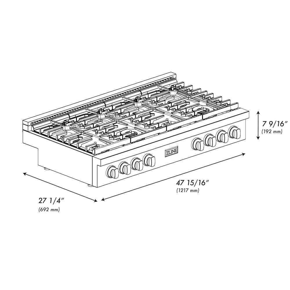 ZLINE 48 in. Autograph Edition Paramount Gas Rangetop with 8 Burners and Porcelain Cooktop in Stainless Steel with Matte Black Accents (SRTZ-48-MB) dimensional diagram.