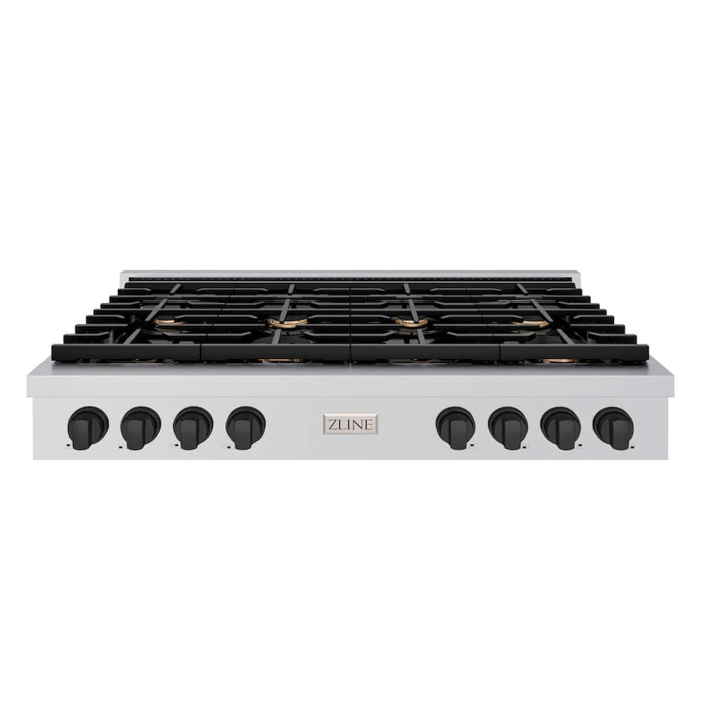 ZLINE 48 in. Autograph Edition Paramount Gas Rangetop with 8 Burners and Porcelain Cooktop in Stainless Steel with Matte Black Accents (SRTZ-48-MB) front.
