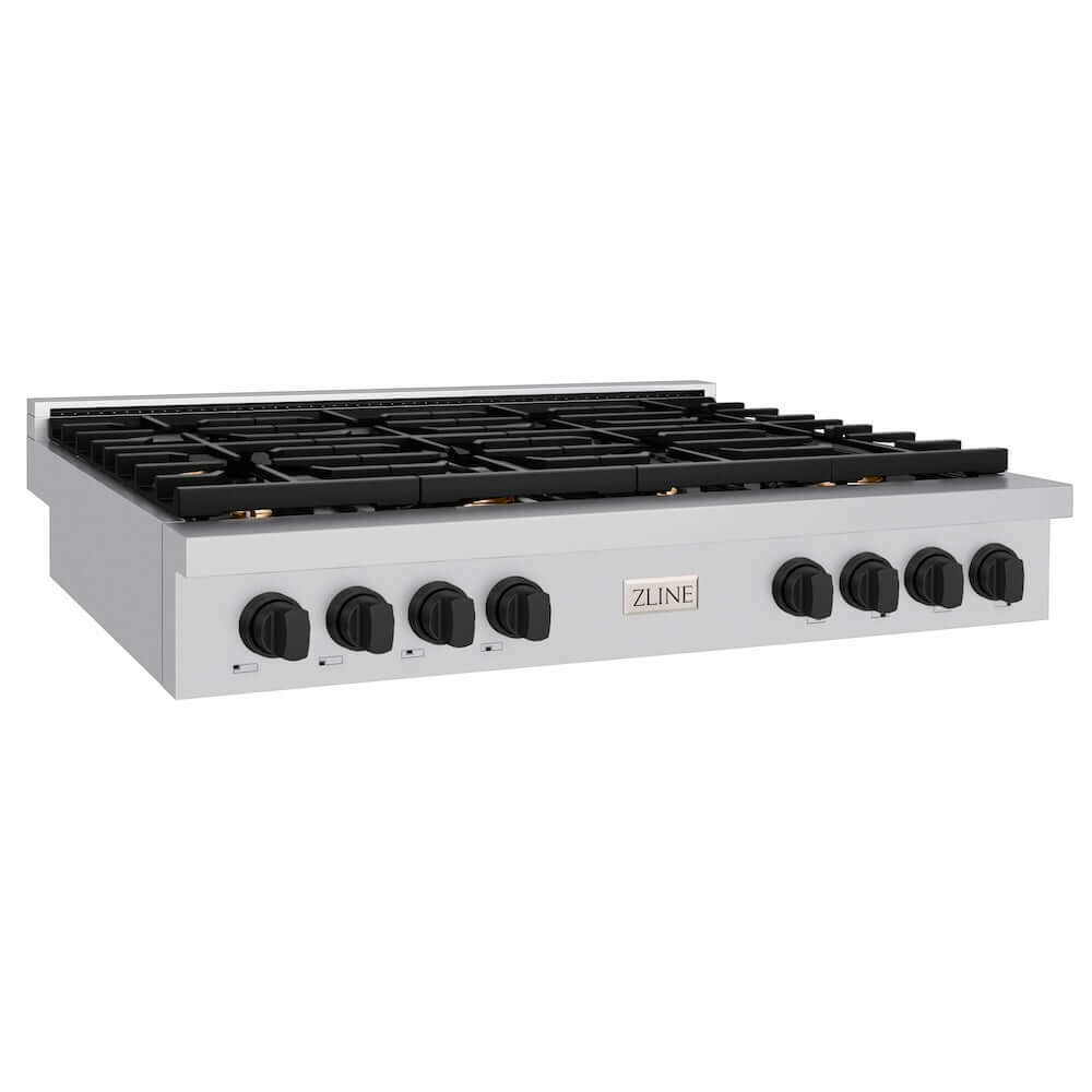 ZLINE 48 in. Autograph Edition Paramount Gas Rangetop with 8 Burners and Porcelain Cooktop in Stainless Steel with Matte Black Accents (SRTZ-48-MB) side.