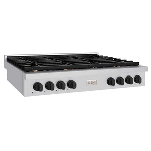ZLINE Autograph Edition 48 in. Paramount Gas Rangetop with 8 Burners and Porcelain Cooktop in Stainless Steel with Matte Black Accents (SRTZ-48-MB) main image.