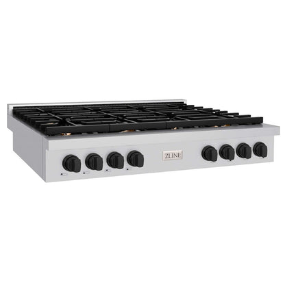 ZLINE 48 in. Autograph Edition Paramount Gas Rangetop with 8 Burners and Porcelain Cooktop in Stainless Steel with Matte Black Accents (SRTZ-48-MB) side.