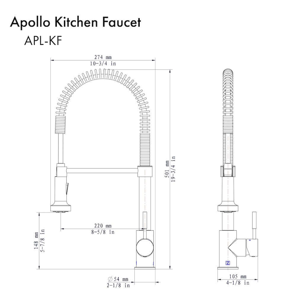 ZLINE Apollo Kitchen Faucet in Polished Gold (APL-KF-PG) dimensional diagram.