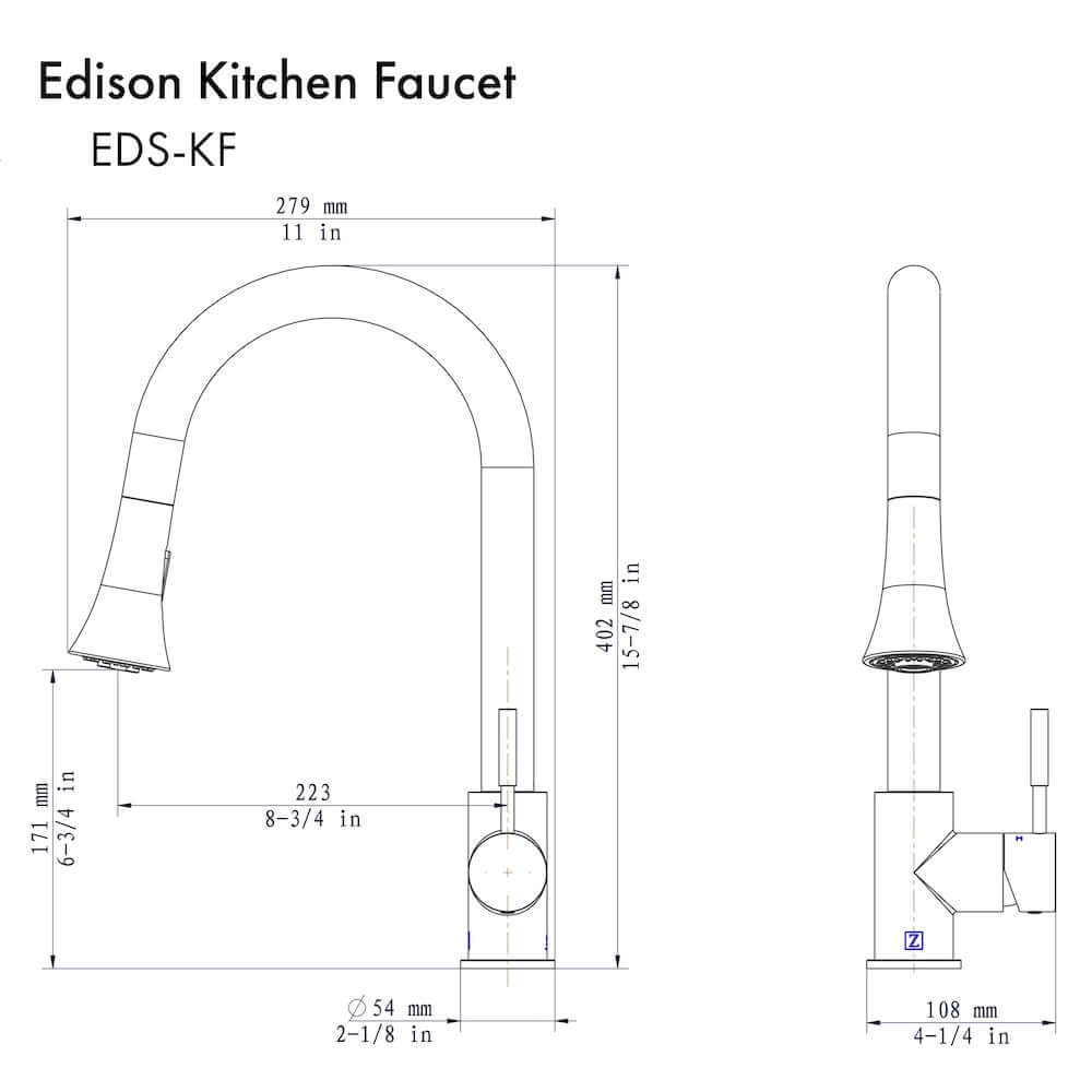 ZLINE Edison Kitchen Faucet in Polished Gold (EDS-KF-PG) dimensional diagram.