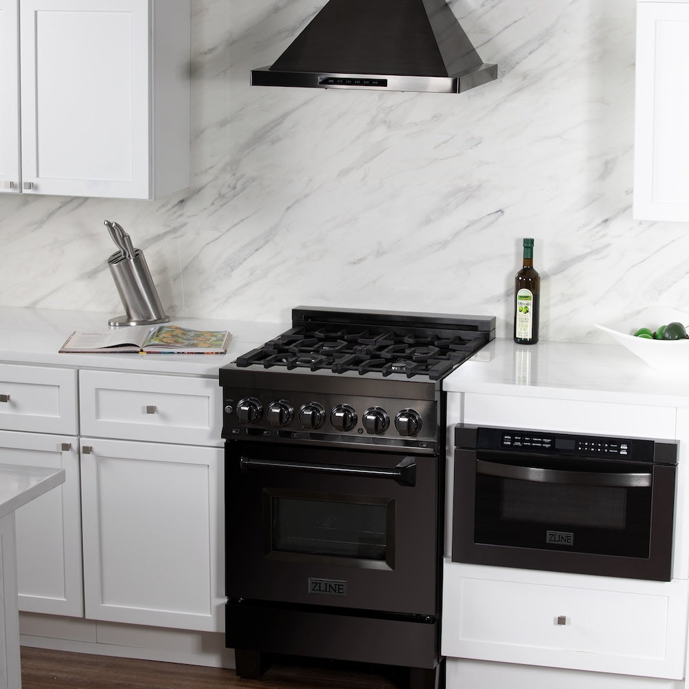 ZLINE 24 in. 2.8 cu. ft. Legacy Dual Fuel Range with 4 Burner Gas Cooktop and Electric Convection Oven in Black Stainless Steel, Open Box-Good Condition