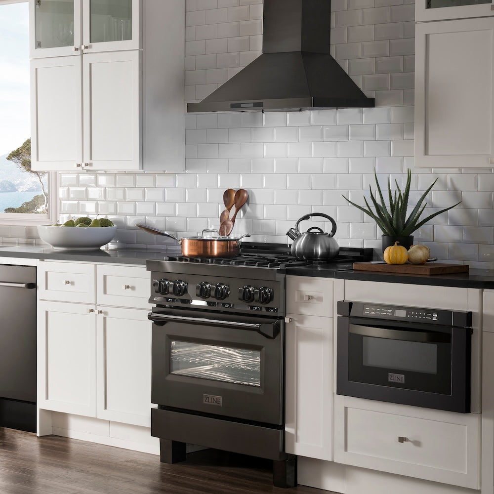 ZLINE 30 in. 4.0 cu. ft. Legacy Dual Fuel Range with 4 Burner Gas Cooktop and Electric Convection Oven in Black Stainless Steel, Open Box-Good Condition
