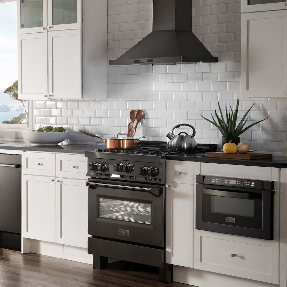 ZLINE 30 in. 4.0 cu. ft. Range with Natural Gas Stove and Natural Gas Oven in Black Stainless Steel (RGB-30) in a luxury kitchen.